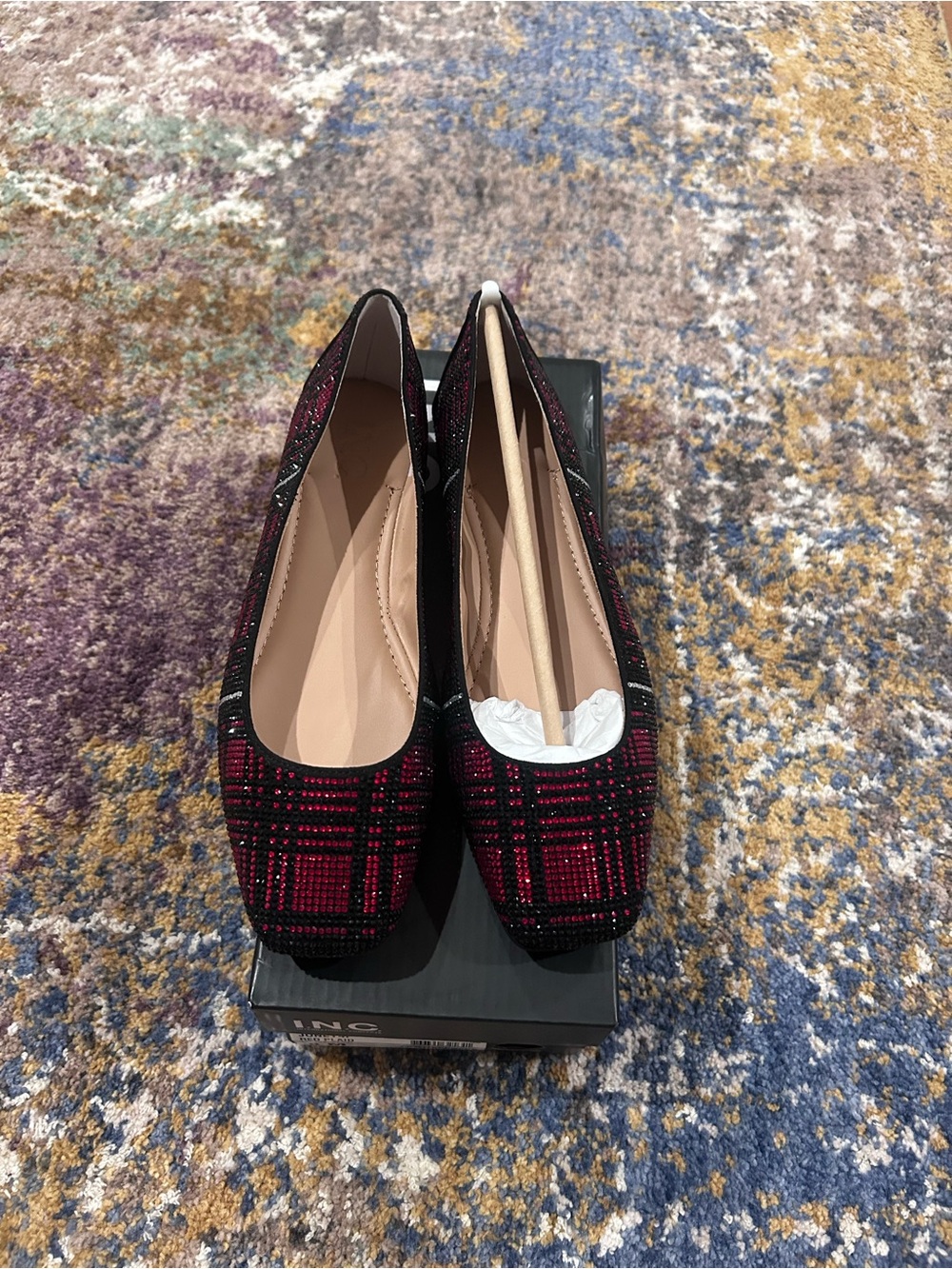 INC International Concepts Red and Black Plaid Square-Toe Ballet Flats